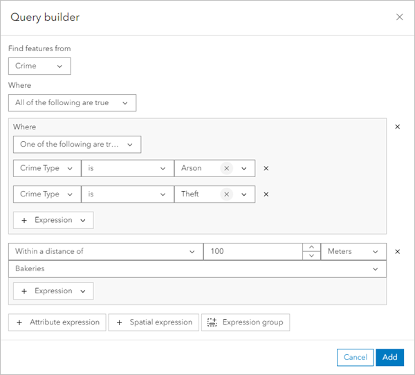 Group expression querying for arson and theft incidents within 100 meters of donut shops Group expression querying for arson and theft incidents within 100 meters of donut shops